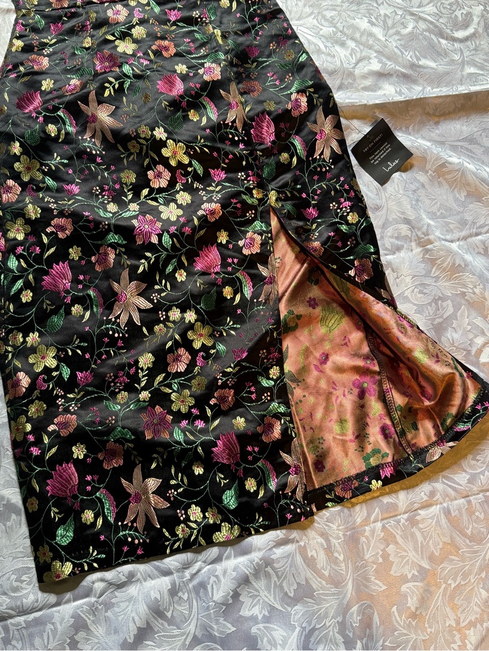 NWT Lulus Black Floral Jacquard Strapless Midi Dress | Slit | Size Small - Picture 5 of 10